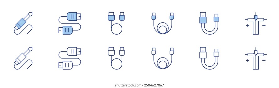 Cable icon set in two styles, Duotone and Thin Line style. Editable stroke. cable, jack, plug in, usb cable, cables.