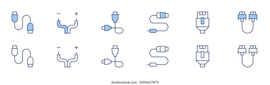 Cable icon set in two styles, Duotone and Thin Line style. Editable stroke. cable, lan, vga cable, usb cable.