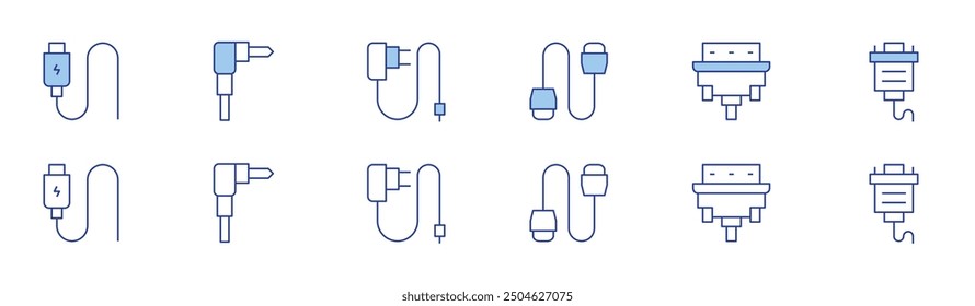 Cable icon set in two styles, Duotone and Thin Line style. Editable stroke. cable, hdmi, vga cable, jack connector, hdmi cable, charger.