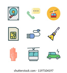 cable icon set. vector set about hard disk, electric car, cable car cabin and broom icons set.