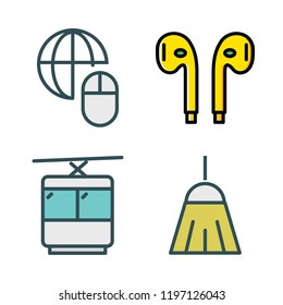 cable icon set. vector set about earphones, cable car cabin, broom and mouse icons set.