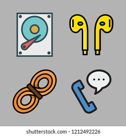 cable icon set. vector set about phone call, earphones, hard disk and rope icons set.