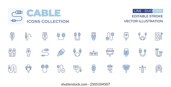 Cable icons collection. Line Duotone style, editable stroke. usb cable, rca,, optical fiber, vga cable, network, hdmi, hdmi, ribbon, cables.