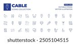 Cable icons collection. Thin Line icons, editable stroke. wire, charger, jack, cable, internet, coaxial, optical fiber, usb, audio jack, av cable, power, extension, vga.