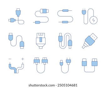 Cable icons. Line Duotone style, editable stroke. cable, lan, power cable, vga, usb, jack connector.