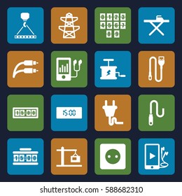 cable icons set. Set of 16 cable filled icons such as plug socket, ironing table, hook with cargo, pylon, mp3 player, phone and earphones, earphone wire, wire
