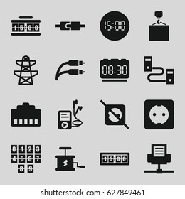 Cable icons set. set of 16 cable filled icons such as hook with cargo, pylon, mp3 player, earphone wire, plug socket, digital clock, dynamite, no plug