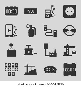 Cable icons set. set of 16 cable filled icons such as construction crane, hook with cargo, phone and earphones, mp3 player, construction  crane, plug socket, digital clock