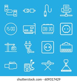 Cable icons set. set of 16 cable outline icons such as plug socket, ironing table, hook with cargo, mp3 player, wire, construction  crane, plug, digital clock