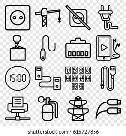 Cable icons set. set of 16 cable outline icons such as plug socket, construction crane, hook with cargo, pylon, phone and earphones, earphone wire, wire, plug, digital clock