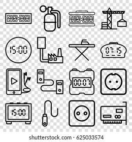 Cable icons set. set of 16 cable outline icons such as construction crane, plug socket, ironing table, phone and earphones, wire, digital clock