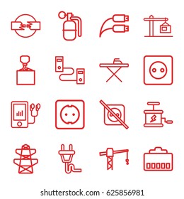 Cable icons set. set of 16 cable outline icons such as plug socket, ironing table, construction crane, hook with cargo, pylon, mp3 player, earphone wire, construction  crane