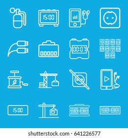 Cable icons set. set of 16 cable outline icons such as construction crane, mp3 player, phone and earphones, earphone wire, construction  crane, plug socket, digital clock