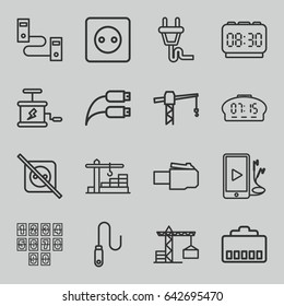 Cable icons set. set of 16 cable outline icons such as construction crane, plug socket, phone and earphones, earphone wire, wire, construction  crane, plug, digital clock