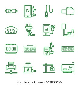 Cable icons set. set of 16 cable outline icons such as mp3 player, phone and earphones, wire, construction  crane, plug, digital clock, dynamite