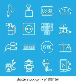 Cable icons set. set of 16 cable outline icons such as plug socket, hook with cargo, pylon, phone and earphones, mp3 player, earphone wire, wire, construction  crane, plug