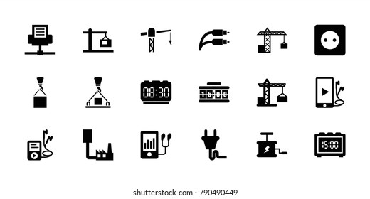 Cable icons. set of 18 editable filled cable icons: construction crane, plug socket, mp3 player, phone and earphones, earphone wire, phone connection cable