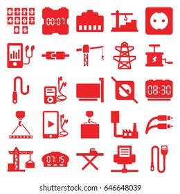 Cable icons set. set of 25 cable filled icons such as construction crane, ironing table, hook with cargo, pylon, mp3 player, phone and earphones, earphone wire, wire