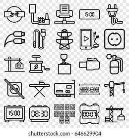 Cable icons set. set of 25 cable outline icons such as construction crane, ironing table, hook with cargo, pylon, phone and earphones, earphone wire, wire, construction  crane