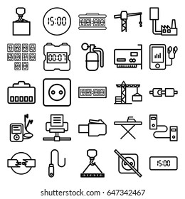 Cable icons set. set of 25 cable outline icons such as construction crane, plug socket, ironing table, hook with cargo, mp3 player, wire, digital clock, dynamite, no plug