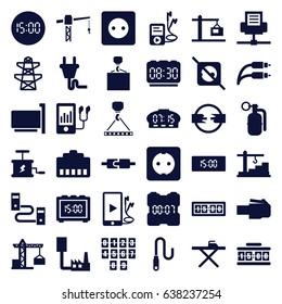 Cable icons set. set of 36 cable filled icons such as construction crane, plug socket, ironing table, hook with cargo, pylon, mp3 player, phone and earphones, earphone wire