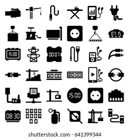 Cable icons set. set of 36 cable filled icons such as construction crane, plug socket, ironing table, hook with cargo, pylon, mp3 player, phone and earphones, earphone wire