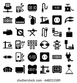 Cable icons set. set of 36 cable filled icons such as construction crane, plug socket, ironing table, hook with cargo, pylon, mp3 player, phone and earphones, earphone wire
