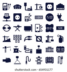 Cable icons set. set of 36 cable filled icons such as construction crane, plug socket, ironing table, hook with cargo, pylon, mp3 player, phone and earphones, earphone wire