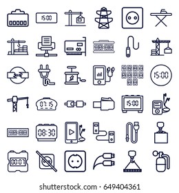 Cable icons set. set of 36 cable outline icons such as construction crane, plug socket, ironing table, hook with cargo, pylon, mp3 player, phone and earphones, earphone wire