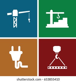 Cable icons set. set of 4 cable filled icons such as construction crane, hook with cargo, construction  crane