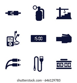Cable icons set. set of 9 cable filled icons such as mp3 player, earphone wire, wire, construction  crane, digital clock, dynamite, phone cable