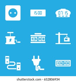 Cable icons set. set of 9 cable filled icons such as plug socket, construction  crane, plug, digital clock, dynamite