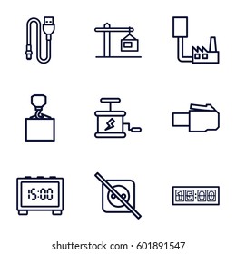 cable icons set. Set of 9 cable outline icons such as hook with cargo, wire, construction  crane, digital clock, dynamite
