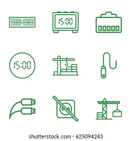 Cable icons set. set of 9 cable outline icons such as construction crane, earphone wire, wire, construction  crane, digital clock, no plug
