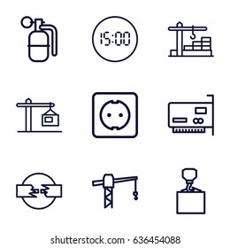 Cable icons set. set of 9 cable outline icons such as construction crane, hook with cargo, construction  crane, plug socket, digital clock