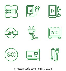 Cable icons set. set of 9 cable outline icons such as mp3 player, phone and earphones, wire, plug