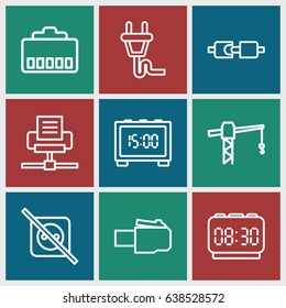 Cable icons set. set of 9 cable outline icons such as construction crane, plug, digital clock, no plug