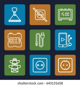 Cable icons set. set of 9 cable outline icons such as plug socket, hook with cargo, pylon, phone and earphones, wire, digital clock
