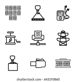 Cable icons set. set of 9 cable outline icons such as hook with cargo, pylon, mp3 player, digital clock