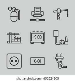 Cable icons set. set of 9 cable outline icons such as plug socket, construction crane, construction  crane, plug, digital clock, dynamite