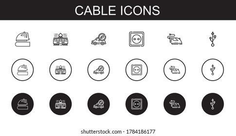 conjunto de iconos de cable. Colección de cable con hierro, tranvía, auto eléctrico, enchufe, usb. Iconos de cable editables y escalables.