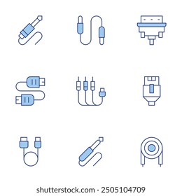 Cable icons set. Line Duotone style, editable stroke. jack, audio jack, tv, jack cable, plug in, usb, vga, lan.