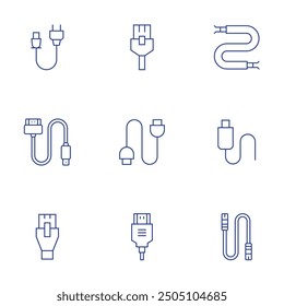 Cable icons set. Thin Line style, editable stroke. wire, internet, usb, power cable, ethernet, hdmi cable, usb connection, network cable.