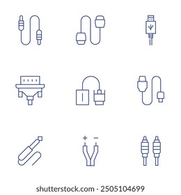 Cable icons set. Thin Line style, editable stroke. hdmi, usb cable, vga, wires, optical fiber, cable, vga cable, audio jack.