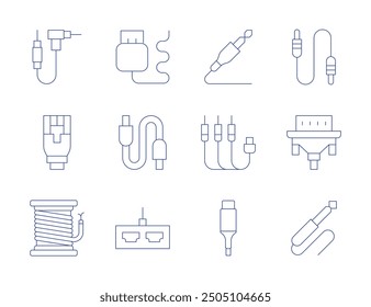 Kabelsymbole. Stil der dünnen Linie, bearbeitbarer Strich. USB, Kabeltrommel, Kabel, USB-Kabel, VGA, HDMI, Audiobuchse, Ethernet, TV, Buchse, Audio.