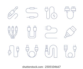 Cable icons. Thin Line style, editable stroke. jack, charger, optical fiber, av cable, power, jack connector, vga cable, usb.