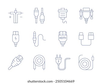 Cable icons. Thin Line style, editable stroke. network cable, power plug, thunderbolt, vga, jack, usb cable, hdmi.