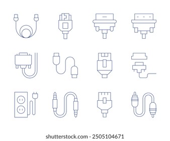 Iconos de cable. Estilo de línea delgada, carrera editable. cable de extensión, cable de red, cable, vga, hdmi, jack, lan.