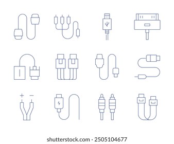 Cable icons. Thin Line style, editable stroke. hdmi, usb cable, vga, wires, optical fiber, rca, pin, cable.