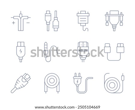 Cable icons. Thin Line style, editable stroke. network cable, power plug, thunderbolt, vga, jack, usb cable, hdmi.